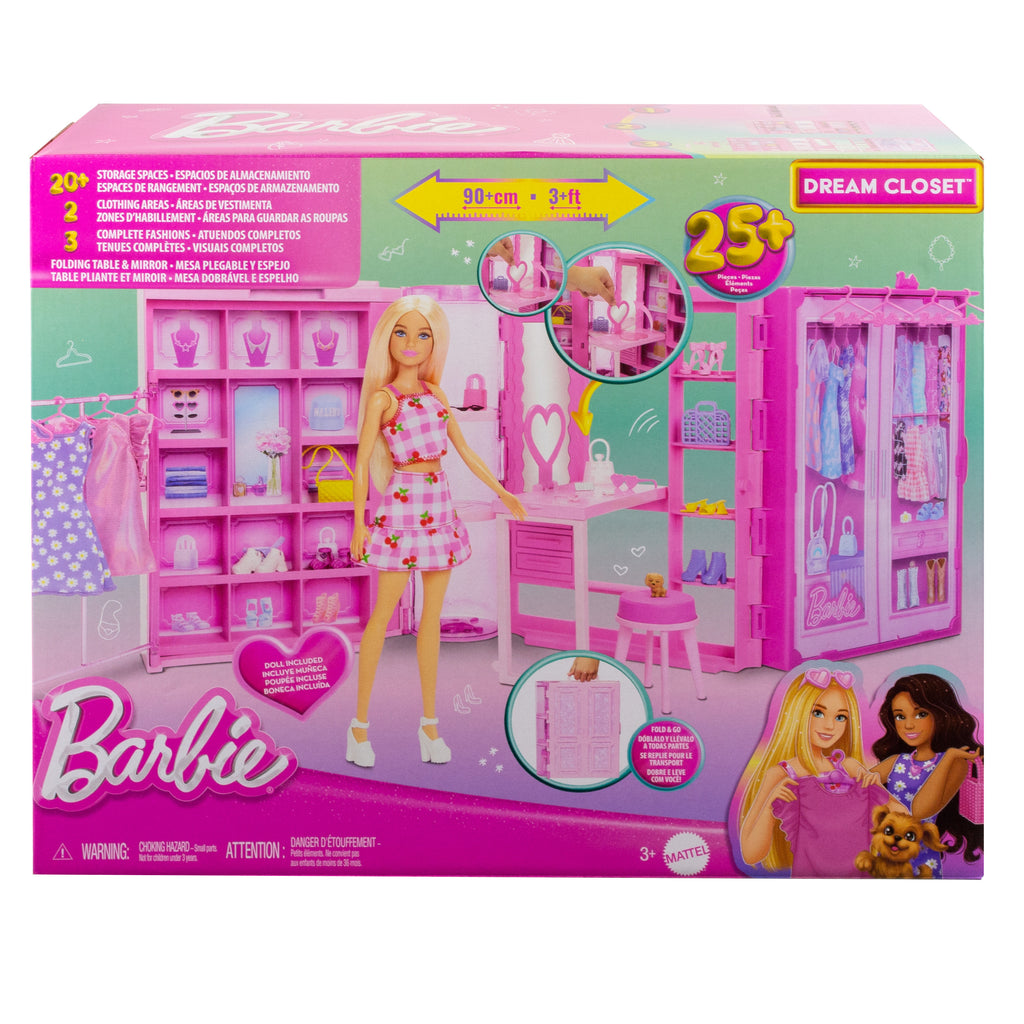 Bebek, kıyafetler, aksesuarlar ve 25'ten fazla parçayla 90 cm genişliğindeki Barbie'nin Rüya Gardrobu ve Bebek