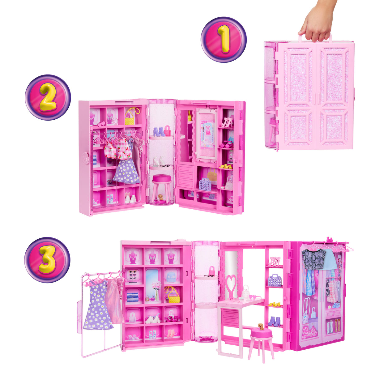 Kıyafetler, aksesuarlar ve 25'ten fazla parçayla 90 cm genişliğindeki Barbie'nin Rüya Gardırobu oyun seti