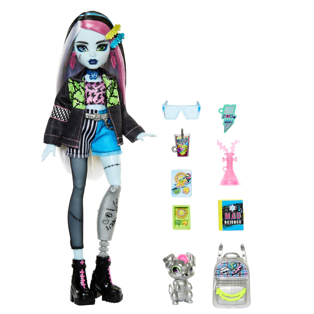 Evcil hayvanı Watzie ve aksesuarlarıyla Monster High Frankie Stein bebek