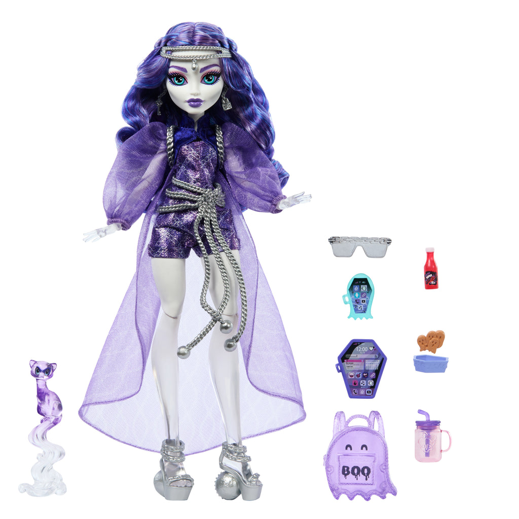 Evcil gelinciği Rhuen ve aksesuarlarıyla Monster High Spectra Vondergeist bebek