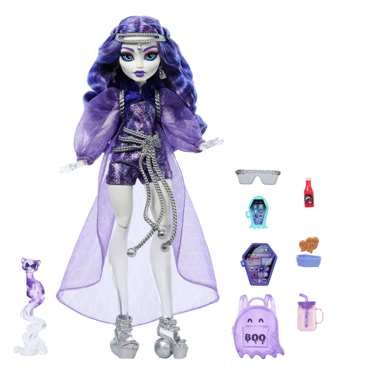 Evcil gelinciği Rhuen ve aksesuarlarıyla Monster High Spectra Vondergeist bebek
