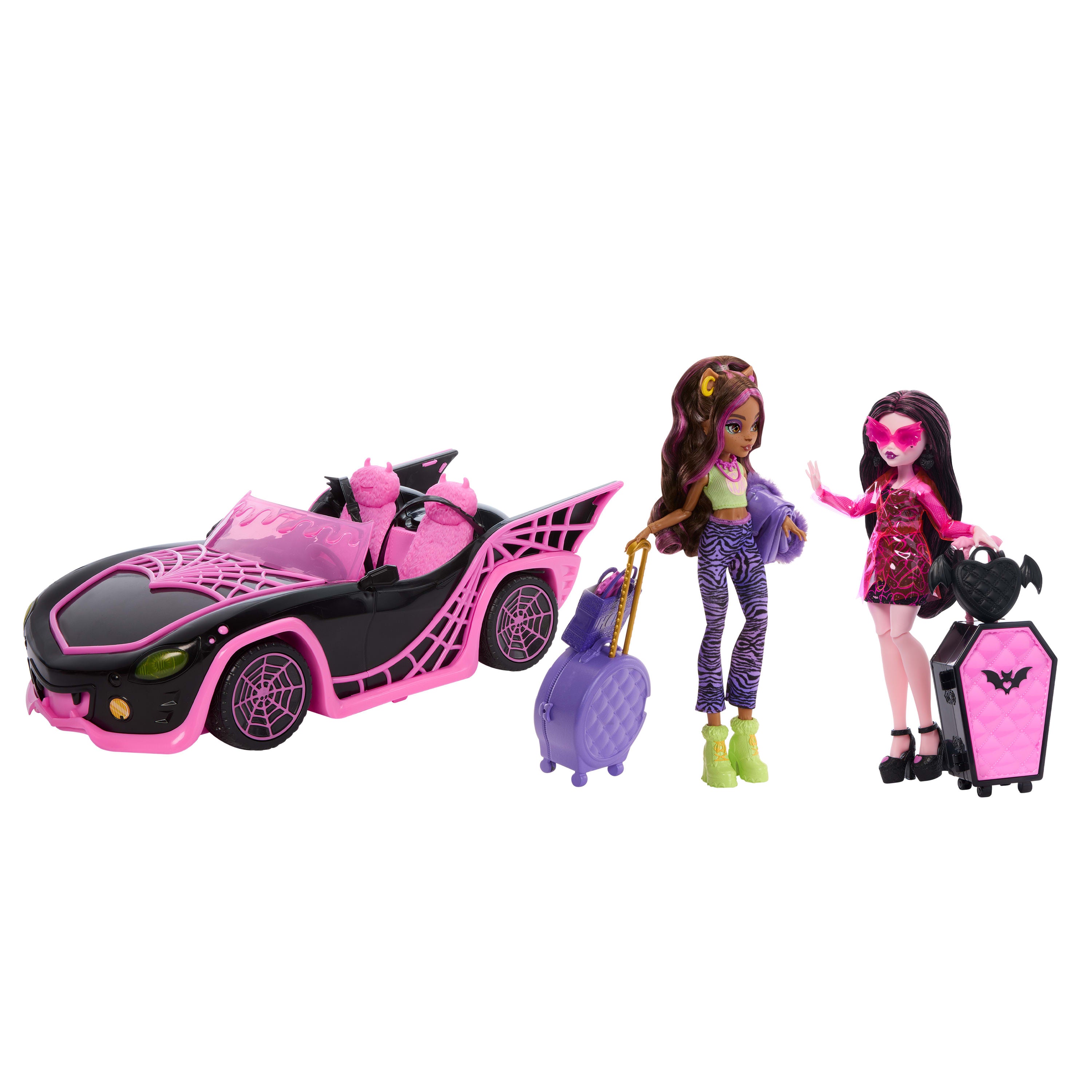 20'den fazla aksesuar, Draculaura ve Clawdeen Wolf bebeklerle Monster High Muhteşem Araba oyun seti