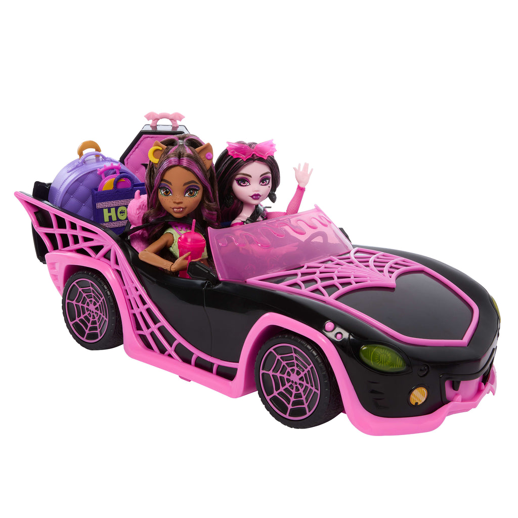 20'den fazla aksesuar, Draculaura ve Clawdeen Wolf bebeklerle Monster High Muhteşem Araba oyun seti