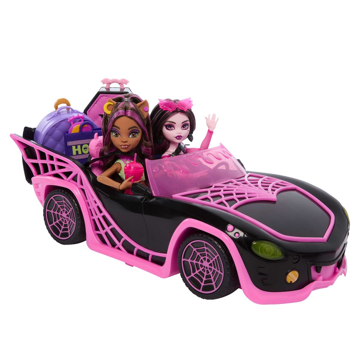 20'den fazla aksesuar, Draculaura ve Clawdeen Wolf bebeklerle Monster High Muhteşem Araba oyun seti