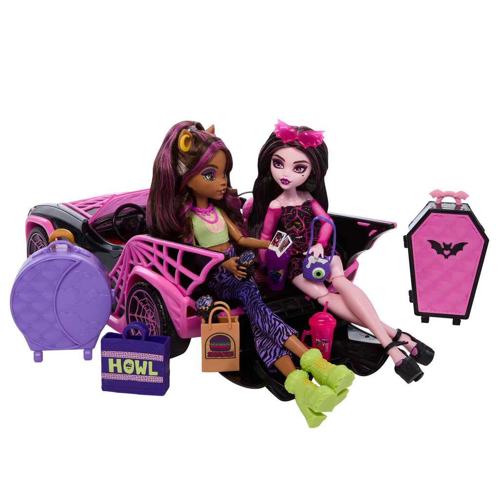 20'den fazla aksesuar, Draculaura ve Clawdeen Wolf bebeklerle Monster High Muhteşem Araba oyun seti