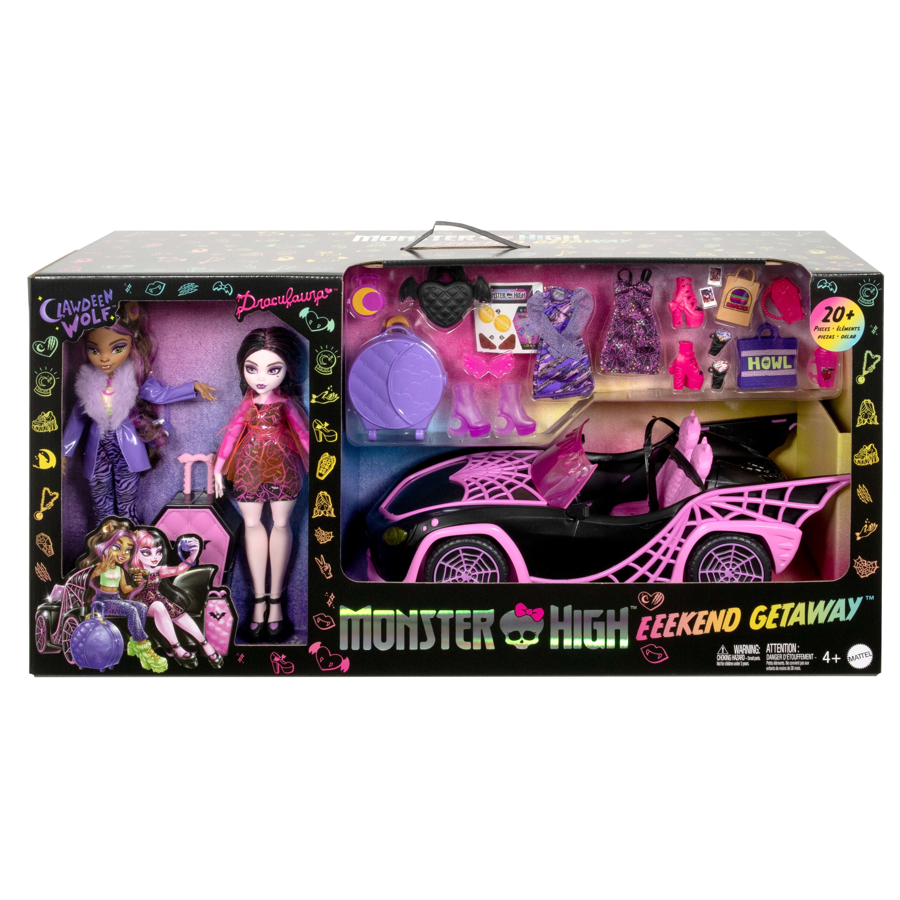 20'den fazla aksesuar, Draculaura ve Clawdeen Wolf bebeklerle Monster High Muhteşem Araba oyun seti