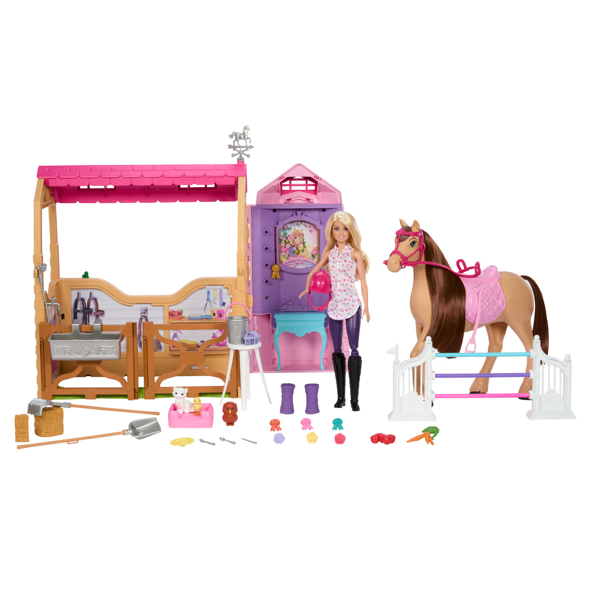 Barbie Mysteries: The Great Horse Chase ahır oyun seti, bebek, oyuncak at, aksesuarlar ve 25'ten fazla parça
