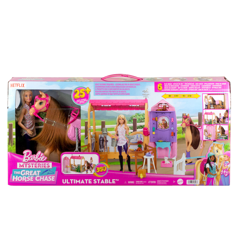 Barbie Mysteries: The Great Horse Chase ahır oyun seti, bebek, oyuncak at, aksesuarlar ve 25'ten fazla parça