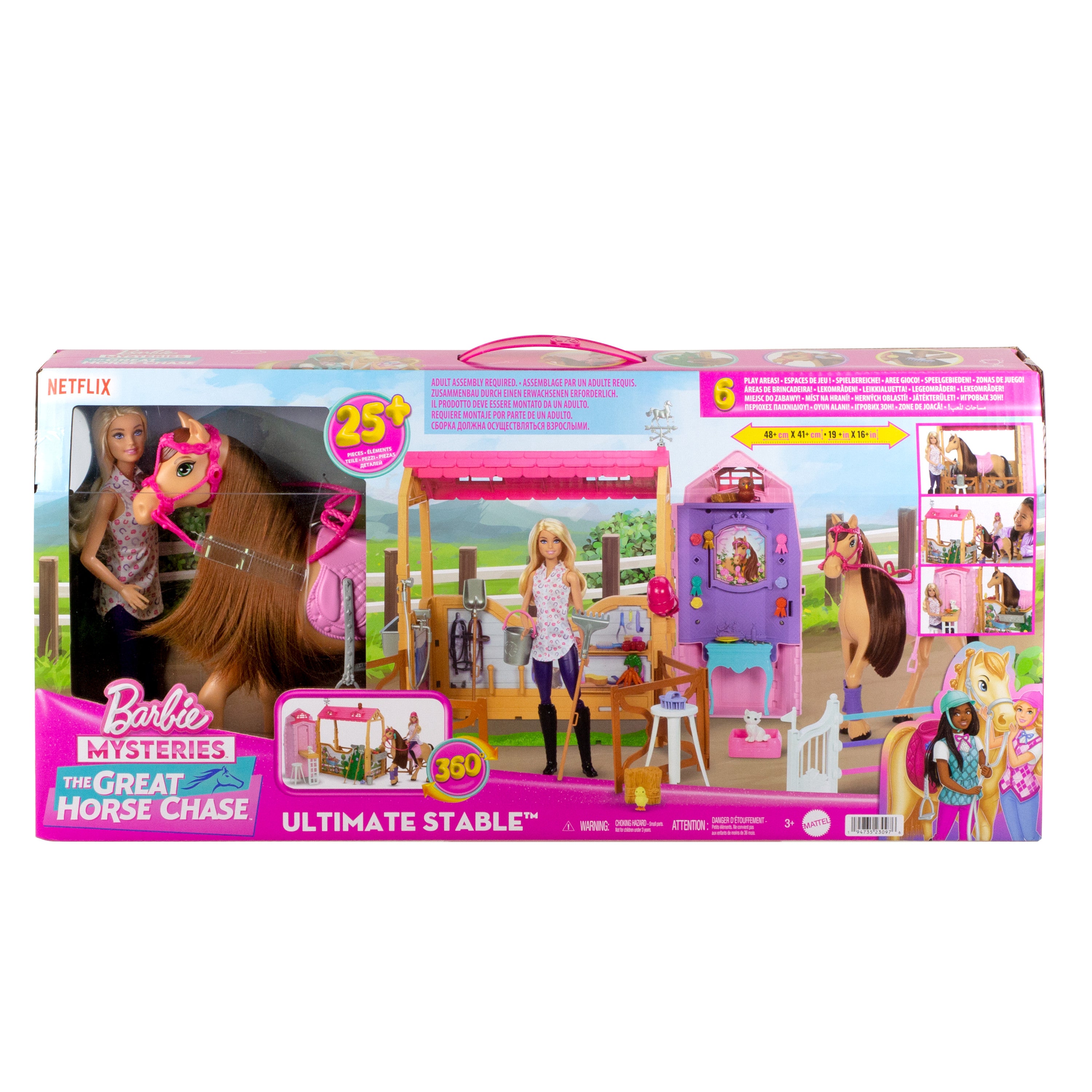 Barbie Mysteries: The Great Horse Chase ahır oyun seti, bebek, oyuncak at, aksesuarlar ve 25'ten fazla parça