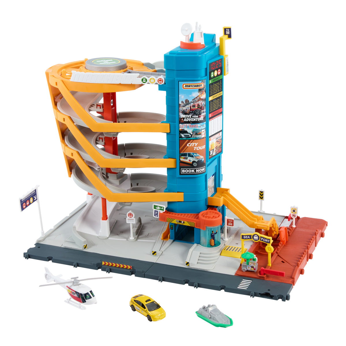 1:64 ölçekli taksi, tekne ve helikopterin yanı sıra yiyecek arabası aksesuarı (3 araç, 1 aksesuar) ile Matchbox Aksiyon Sürücüleri Şehir Maceraları Oyun Seti