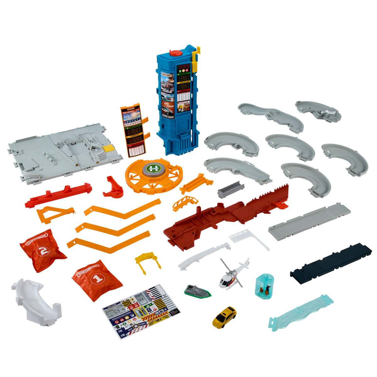 1:64 ölçekli taksi, tekne ve helikopterin yanı sıra yiyecek arabası aksesuarı (3 araç, 1 aksesuar) ile Matchbox Aksiyon Sürücüleri Şehir Maceraları Oyun Seti