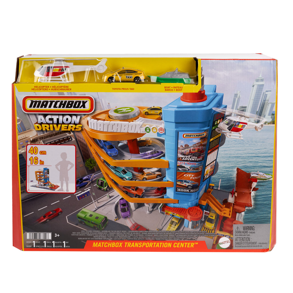 1:64 ölçekli taksi, tekne ve helikopterin yanı sıra yiyecek arabası aksesuarı (3 araç, 1 aksesuar) ile Matchbox Aksiyon Sürücüleri Şehir Maceraları Oyun Seti