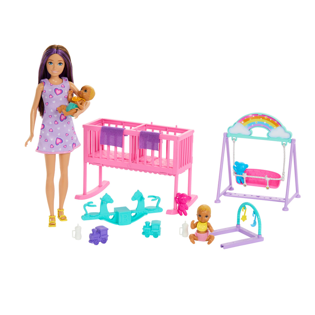 Barbie Skipper İkiz Bebekler Bakımı Oyun Seti, ikiz bebek odası oyun seti ve aksesuarlar