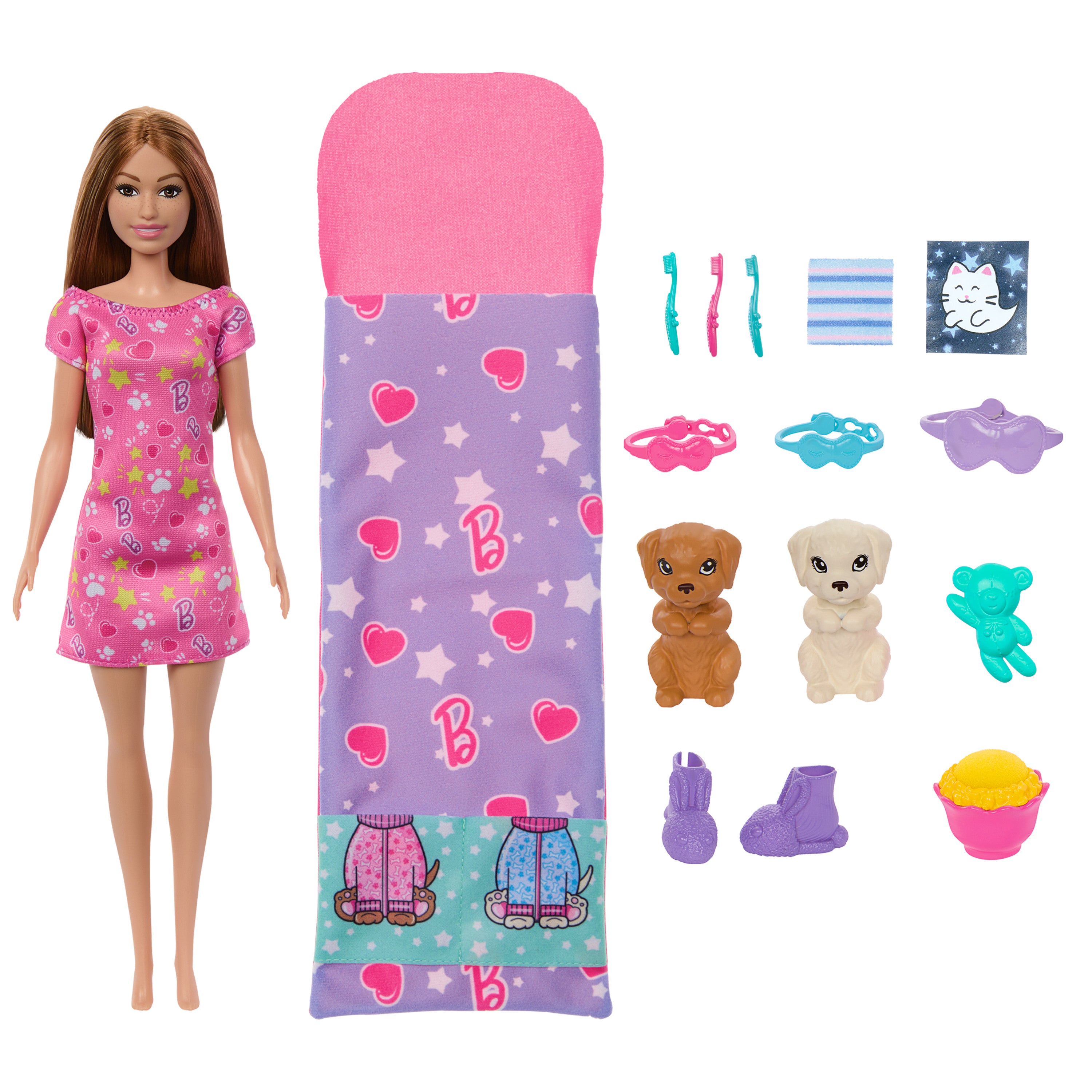 Barbie ve Köpekçikleri Pijama Partisi oyun seti, 2 oyuncak köpek figürü, 10'dan fazla aksesuar ve renk değişimi