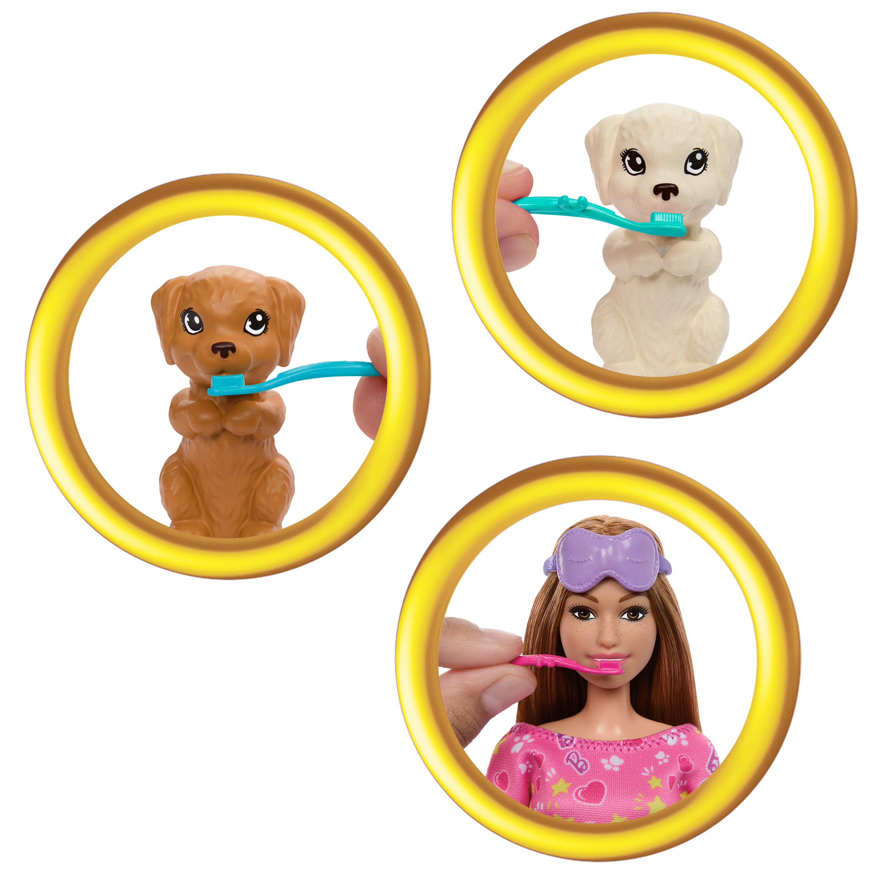 Barbie ve Köpekçikleri Pijama Partisi oyun seti, 2 oyuncak köpek figürü, 10'dan fazla aksesuar ve renk değişimi
