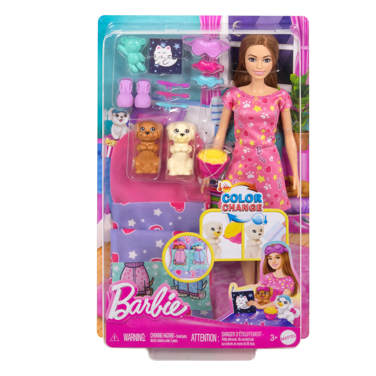 Barbie ve Köpekçikleri Pijama Partisi oyun seti, 2 oyuncak köpek figürü, 10'dan fazla aksesuar ve renk değişimi