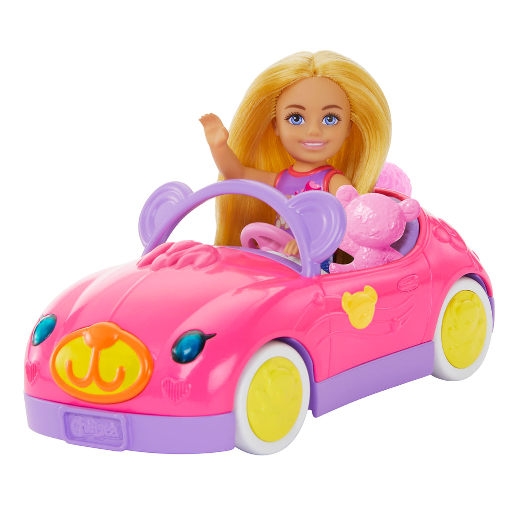 Barbie Chelsea araç seti, sarışın küçük bebek, oyuncak araba ve ayıcık aksesuarı