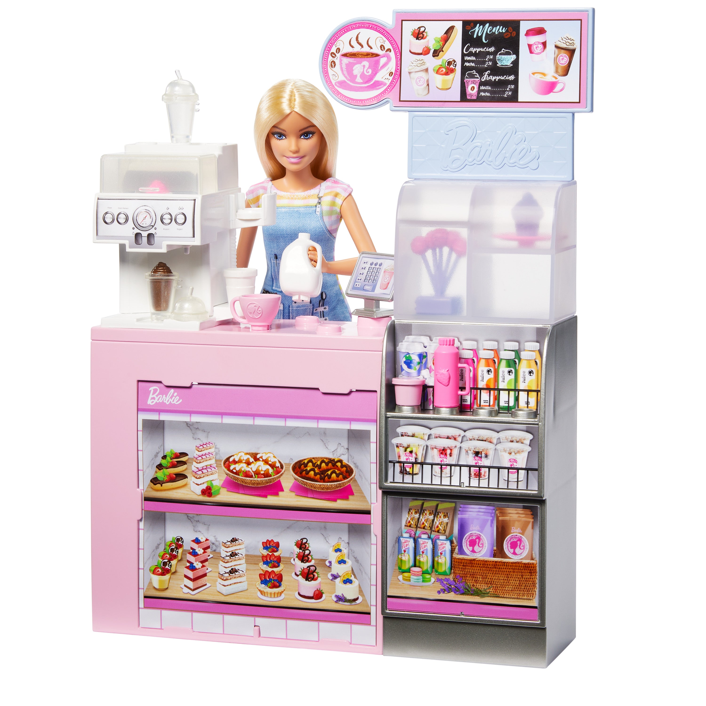 Barbie'nin Kahve Dükkanı oyun seti sarışın barista Barbie, kahve makinesi ve 10'dan fazla aksesuar