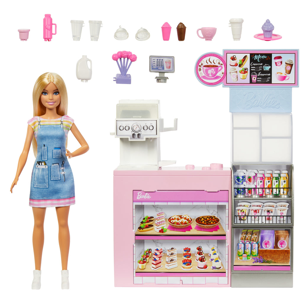 Barbie'nin Kahve Dükkanı oyun seti sarışın barista Barbie, kahve makinesi ve 10'dan fazla aksesuar