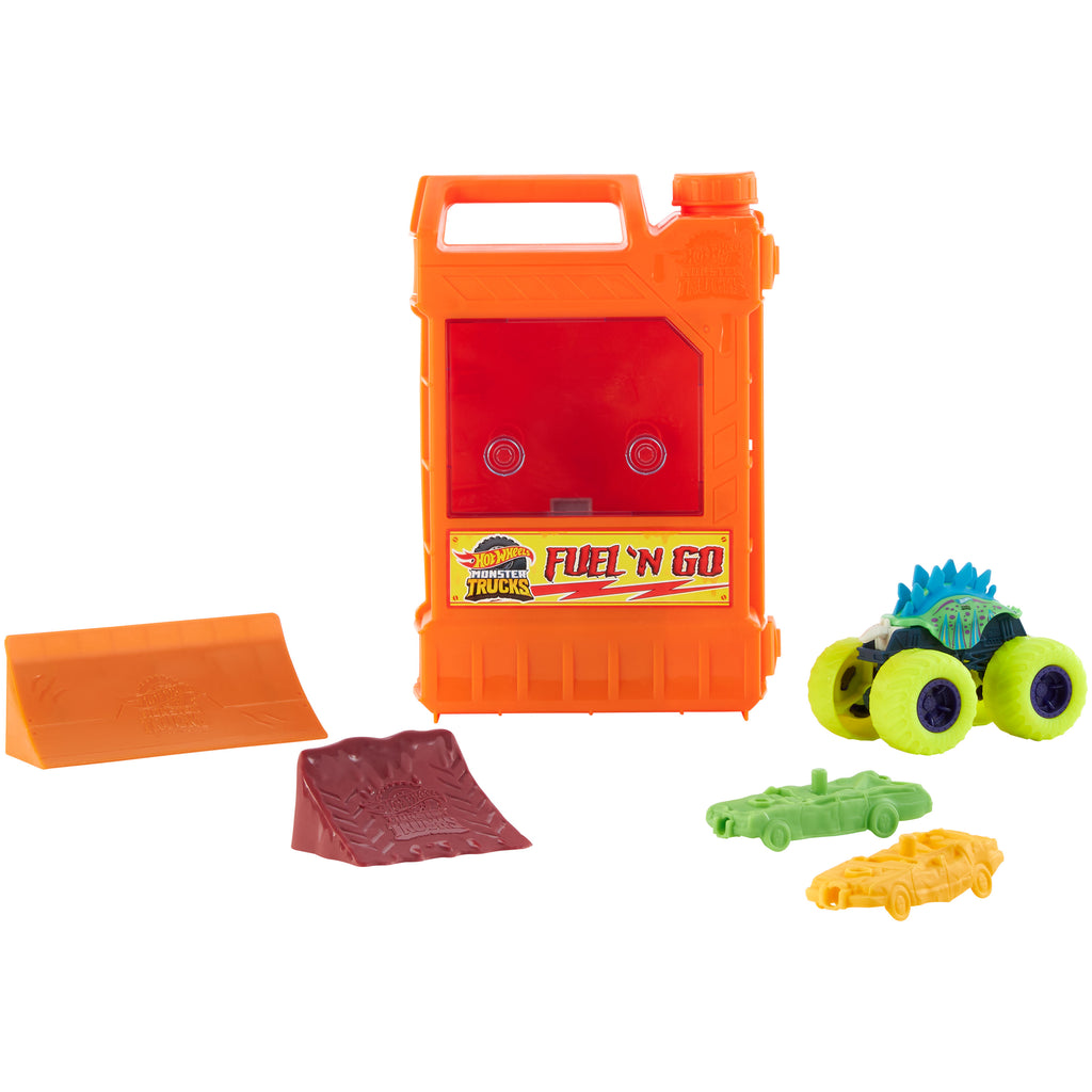 1:64 ölçekli Motosaurus oyuncak araç ve ezilmiş 2 araba bulunan Hot Wheels Monster Trucks Taşınabilir Oyun Seti
