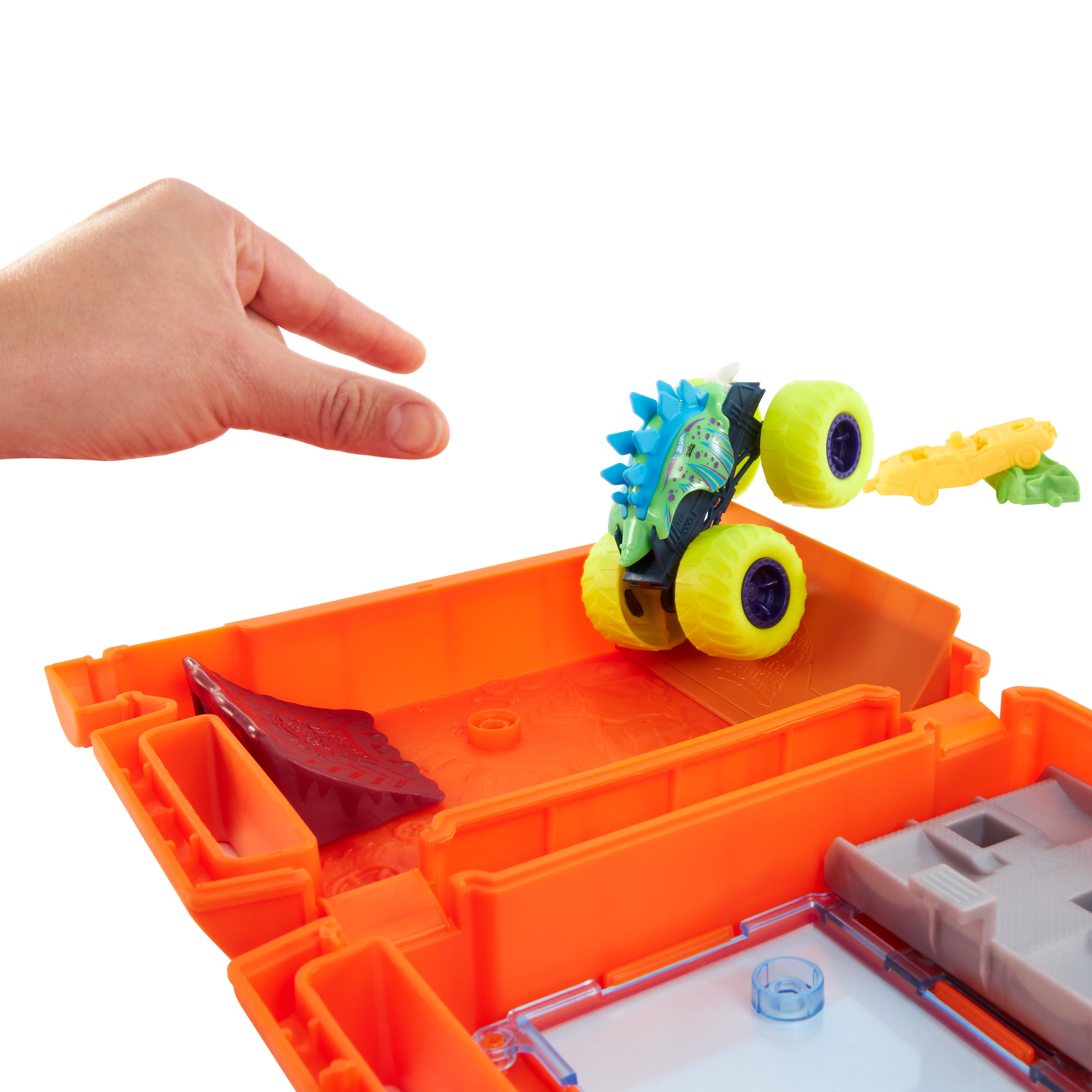 1:64 ölçekli Motosaurus oyuncak araç ve ezilmiş 2 araba bulunan Hot Wheels Monster Trucks Taşınabilir Oyun Seti