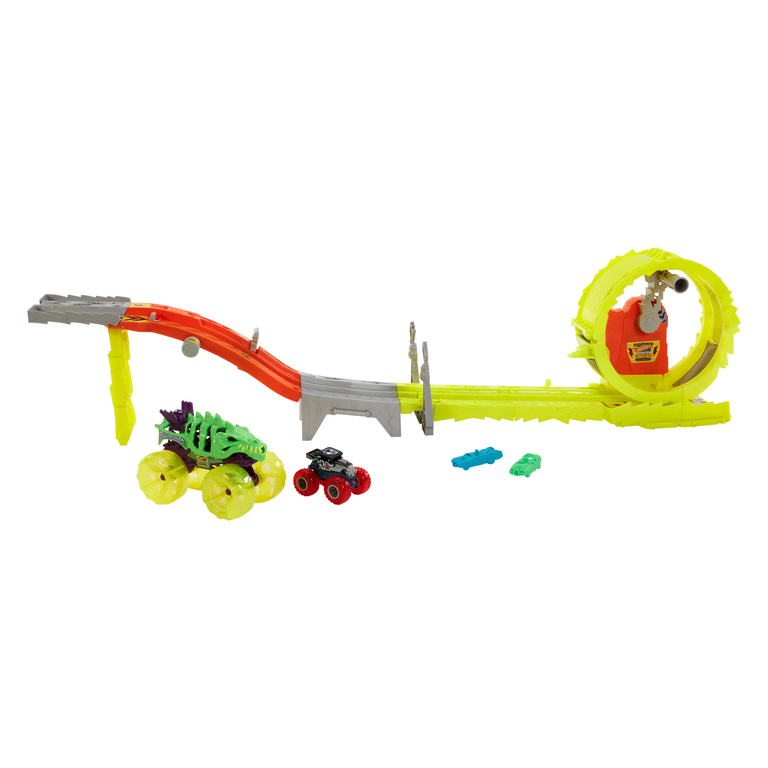 Devasa Skelesaurus, 1:64 ölçekli Bone Shaker ve 2 ezilmiş araba ile Hot Wheels Monster Trucks Power Smashers Oyun Seti