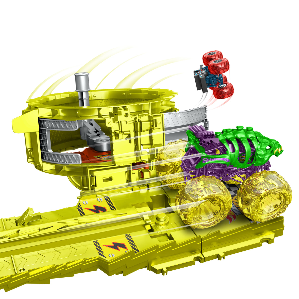Devasa Skelesaurus, 1:64 ölçekli Bone Shaker ve 2 ezilmiş araba ile Hot Wheels Monster Trucks Power Smashers Oyun Seti