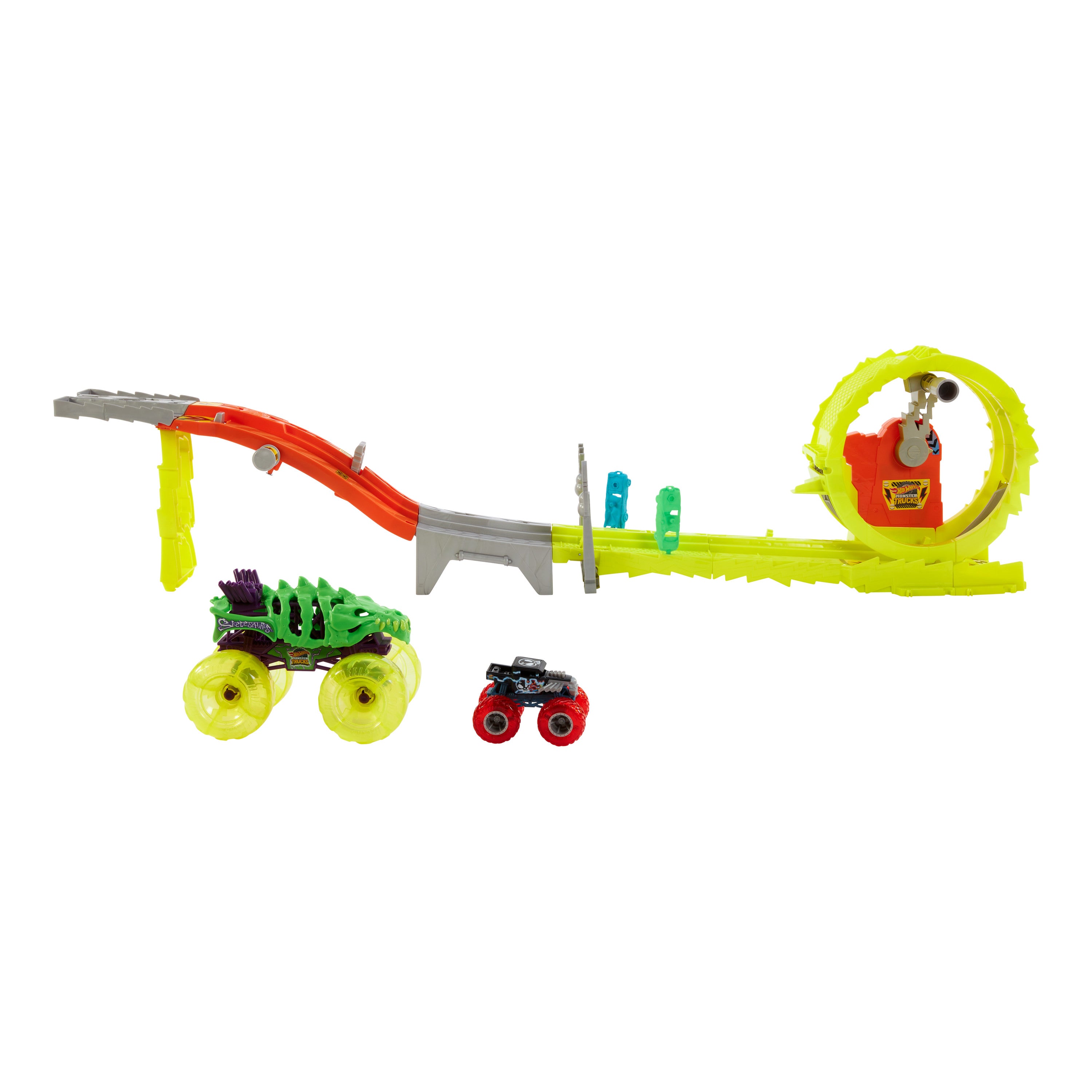 Devasa Skelesaurus, 1:64 ölçekli Bone Shaker ve 2 ezilmiş araba ile Hot Wheels Monster Trucks Power Smashers Oyun Seti