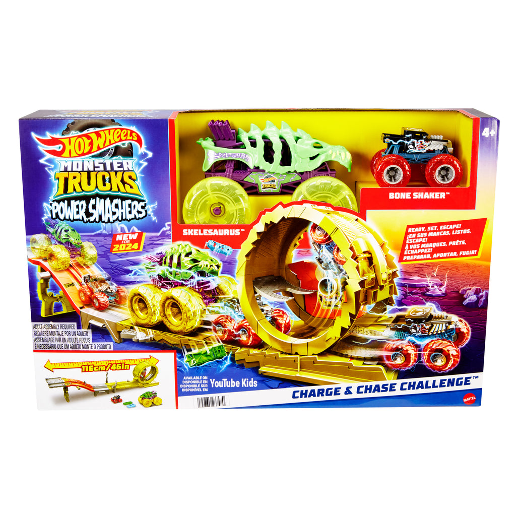 Devasa Skelesaurus, 1:64 ölçekli Bone Shaker ve 2 ezilmiş araba ile Hot Wheels Monster Trucks Power Smashers Oyun Seti