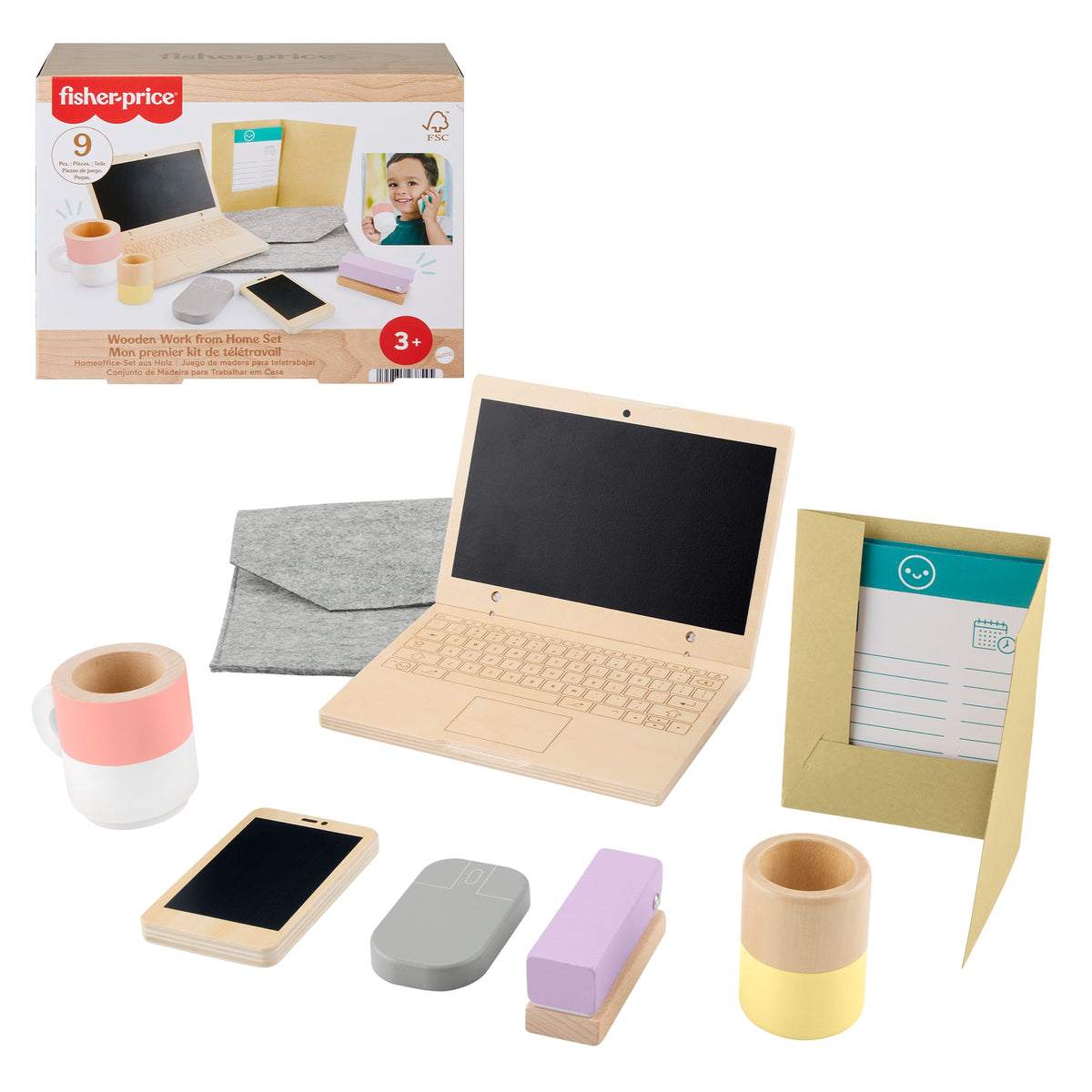 Çocuklar için ahşap dizüstü bilgisayarıyla ofis temalı canlandırma oyunlarına ilham veren 9 parça Fisher-Price Ahşap Ev Seti