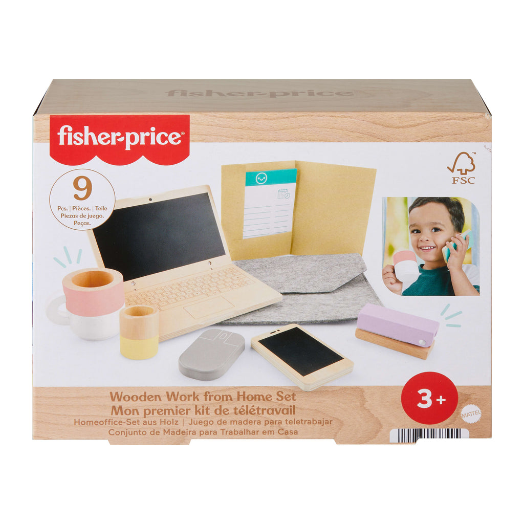 Çocuklar için ahşap dizüstü bilgisayarıyla ofis temalı canlandırma oyunlarına ilham veren 9 parça Fisher-Price Ahşap Ev Seti