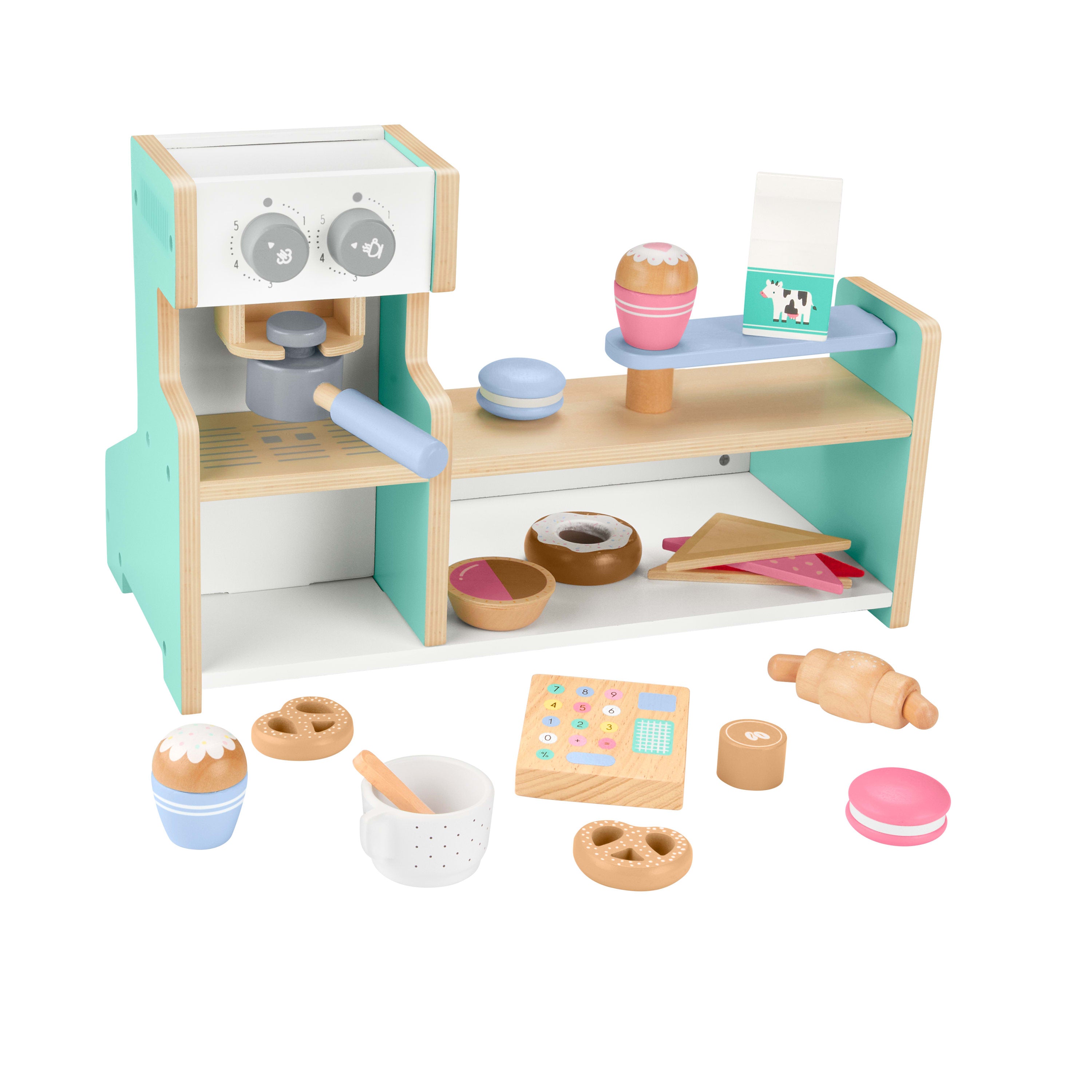 Okul öncesi çağdaki çocuklar için 20 ahşap parçadan oluşan Fisher-Price Ahşap Kahve Dükkanı Seti