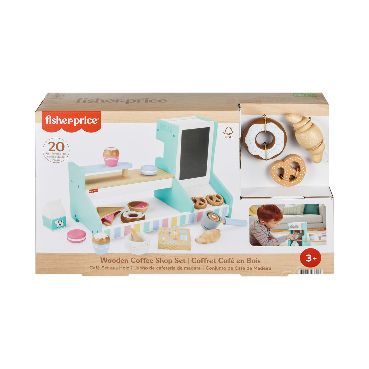 Okul öncesi çağdaki çocuklar için 20 ahşap parçadan oluşan Fisher-Price Ahşap Kahve Dükkanı Seti