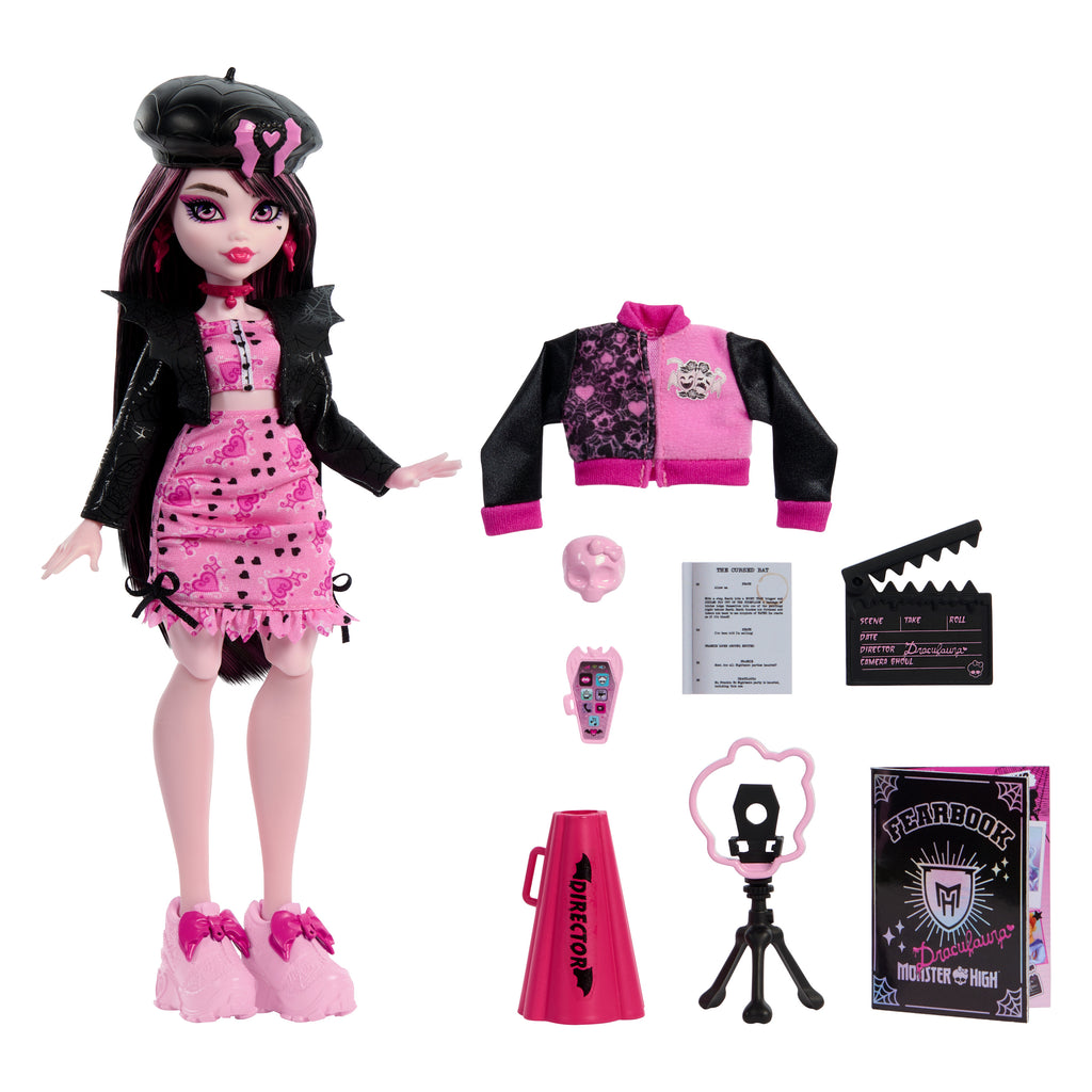 Ceket, yıllık ve film kulübü aksesuarlarıyla Monster High Gizemli Yıllık Draculaura bebek