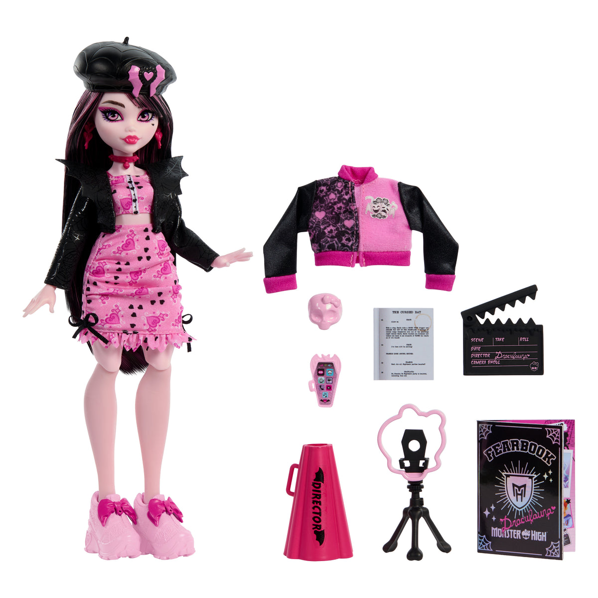 Ceket, yıllık ve film kulübü aksesuarlarıyla Monster High Gizemli Yıllık Draculaura bebek