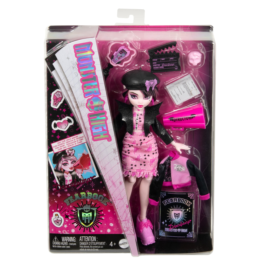 Ceket, yıllık ve film kulübü aksesuarlarıyla Monster High Gizemli Yıllık Draculaura bebek