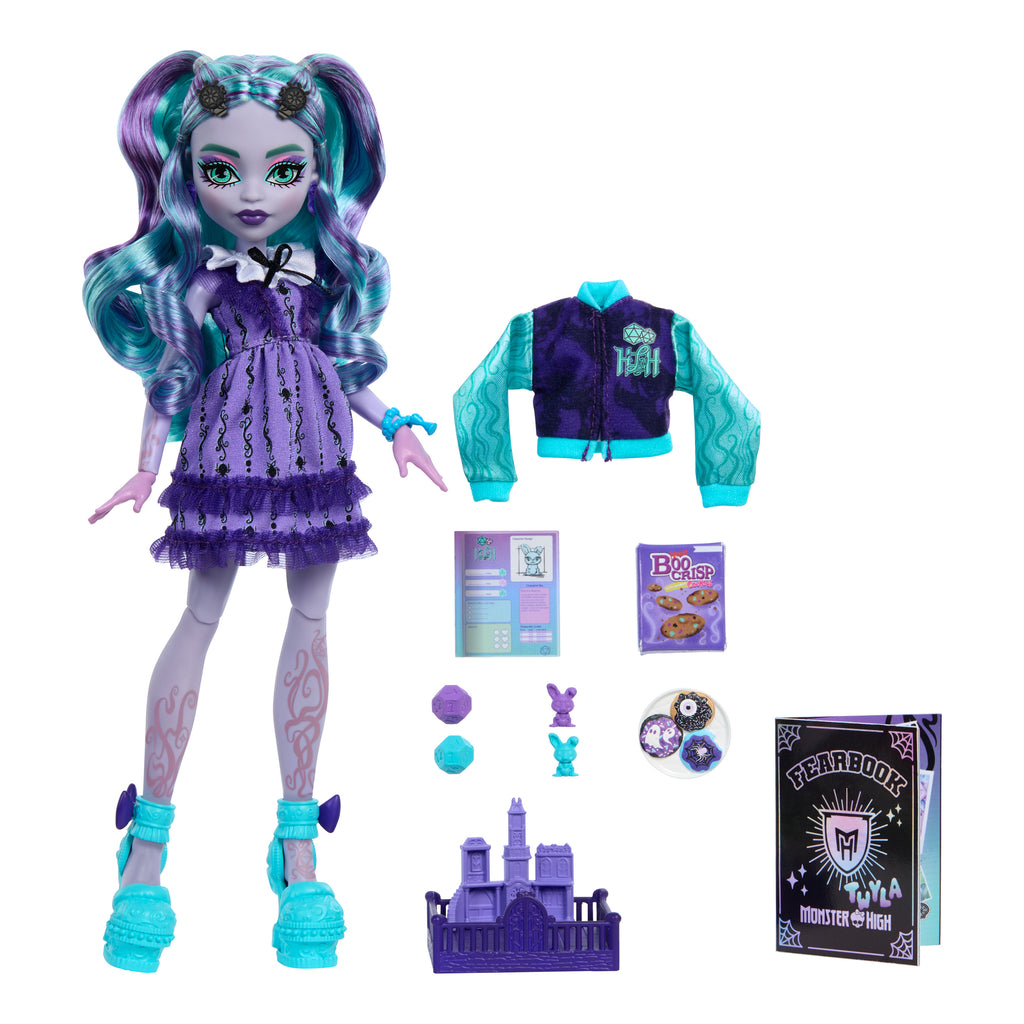 Kolej ceketi, yıllık ve oyun aksesuarlarıyla Monster High Gizemli Yıllık Twyla bebek