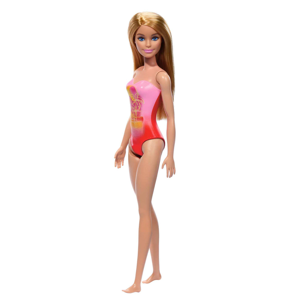Barbie Plaj Bebeği - Sarışın, Pembe Palmiye Desenli Mayo