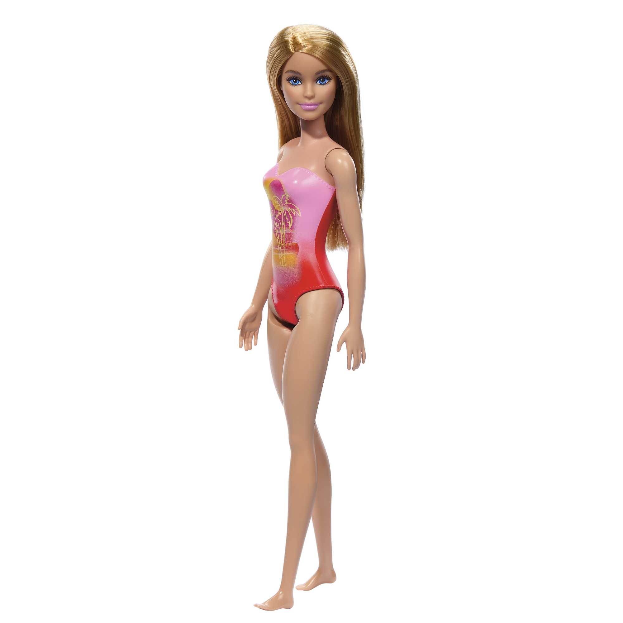 Barbie Plaj Bebeği - Sarışın, Pembe Palmiye Desenli Mayo