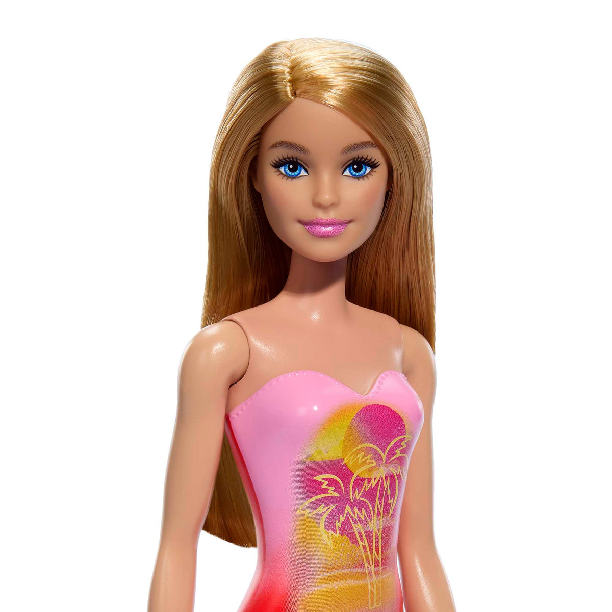 Barbie Plaj Bebeği - Sarışın, Pembe Palmiye Desenli Mayo