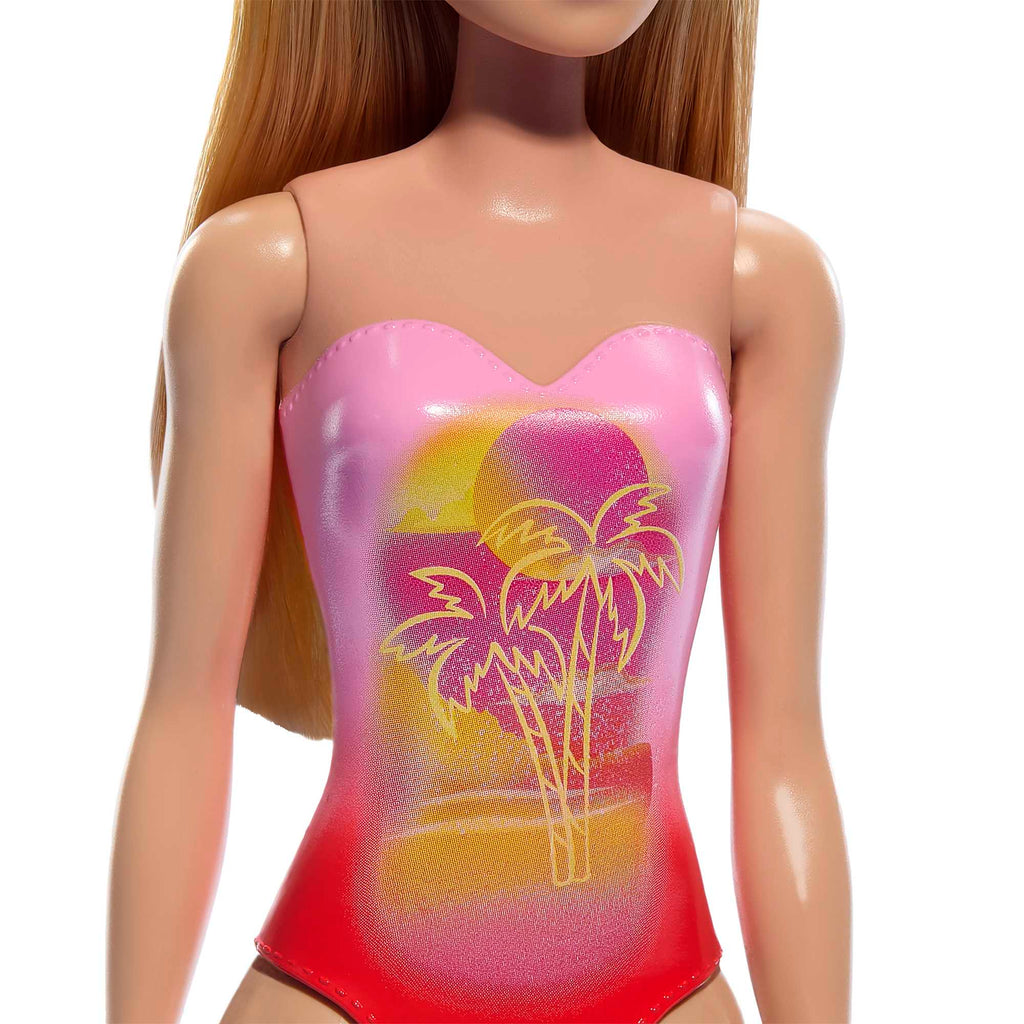 Barbie Plaj Bebeği - Sarışın, Pembe Palmiye Desenli Mayo