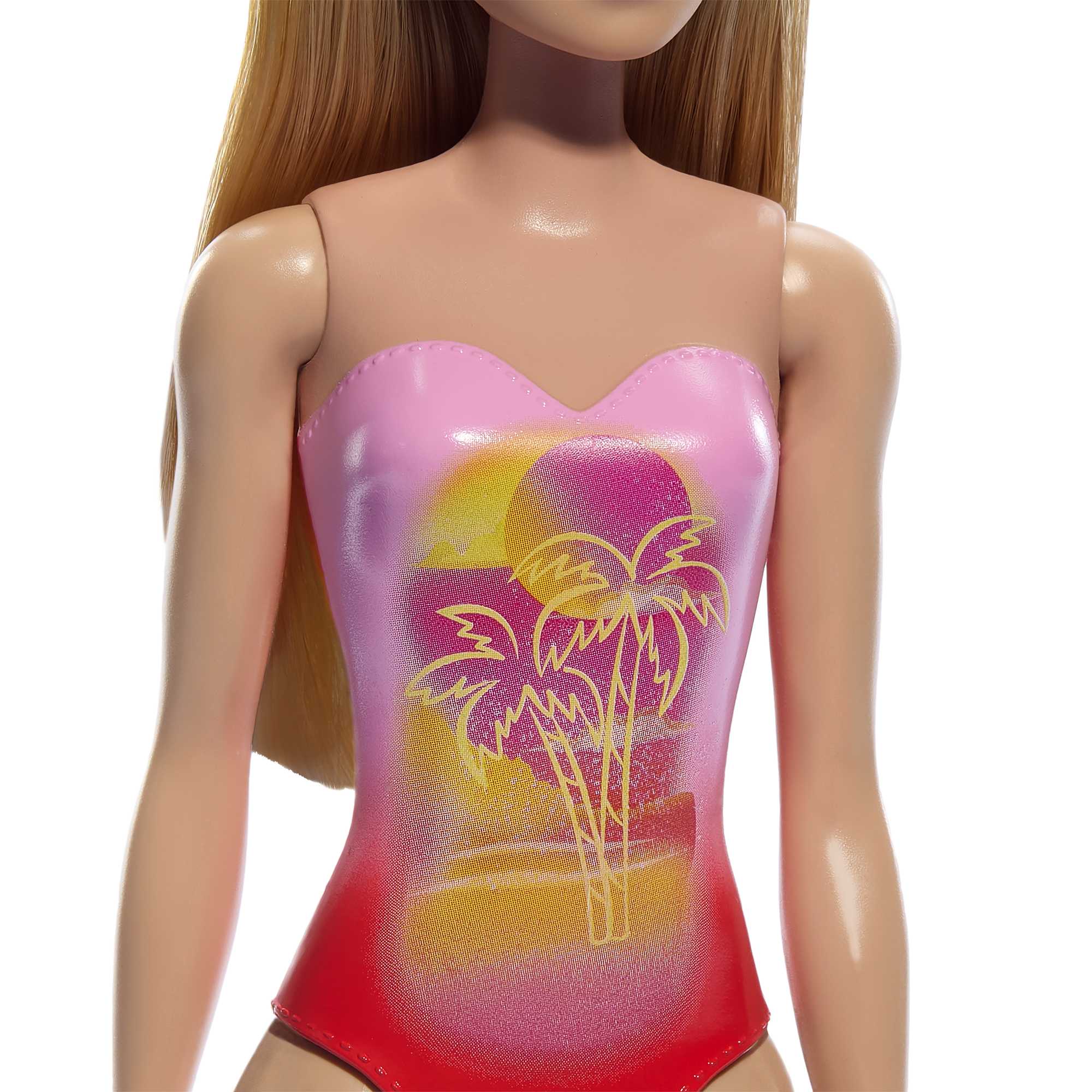 Barbie Plaj Bebeği - Sarışın, Pembe Palmiye Desenli Mayo
