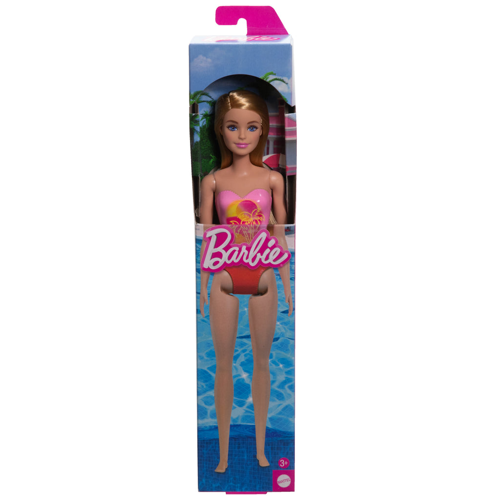 Barbie Plaj Bebeği - Sarışın, Pembe Palmiye Desenli Mayo