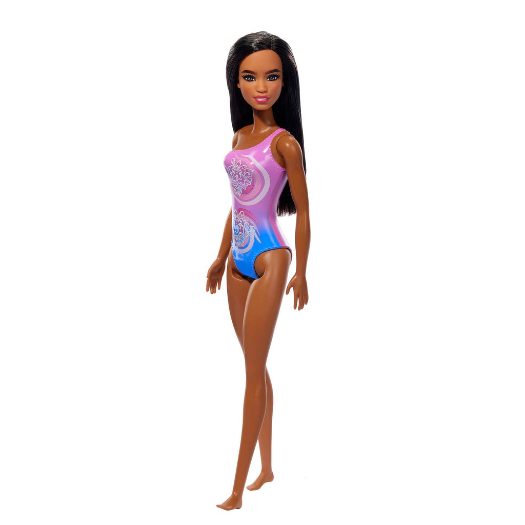 Barbie Plaj Bebeği - Koyu Kahve Saçlı, Mor Tropik Mayo