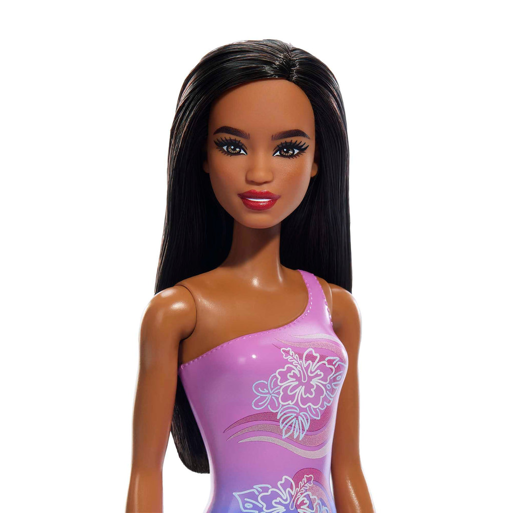 Barbie Plaj Bebeği - Koyu Kahve Saçlı, Mor Tropik Mayo