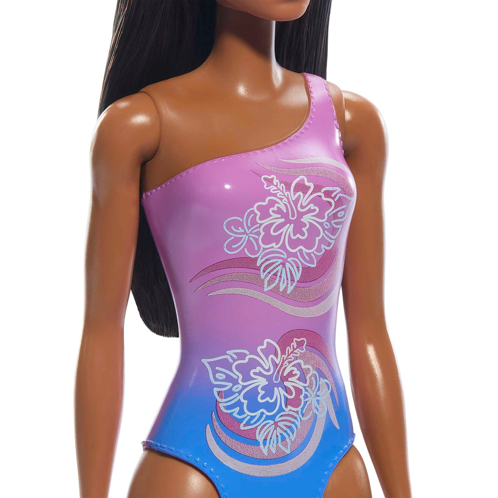 Barbie Plaj Bebeği - Koyu Kahve Saçlı, Mor Tropik Mayo