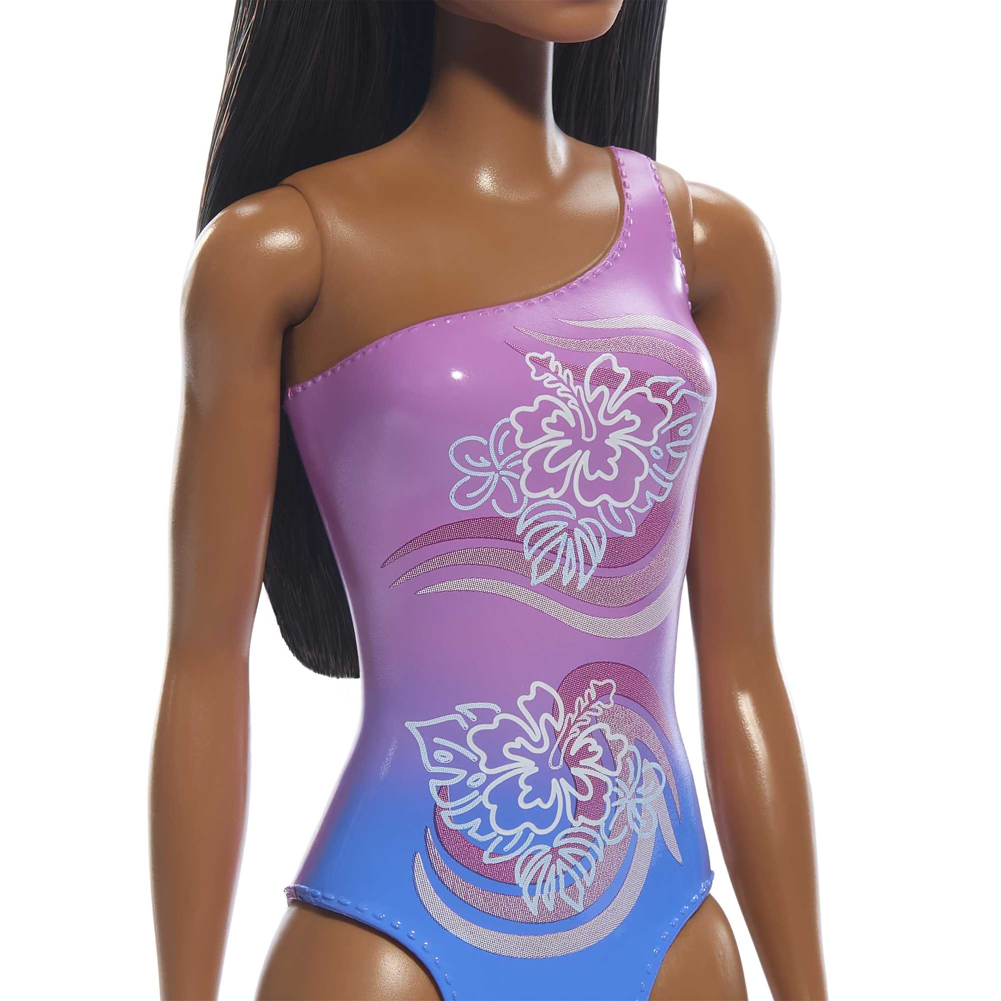 Barbie Plaj Bebeği - Koyu Kahve Saçlı, Mor Tropik Mayo
