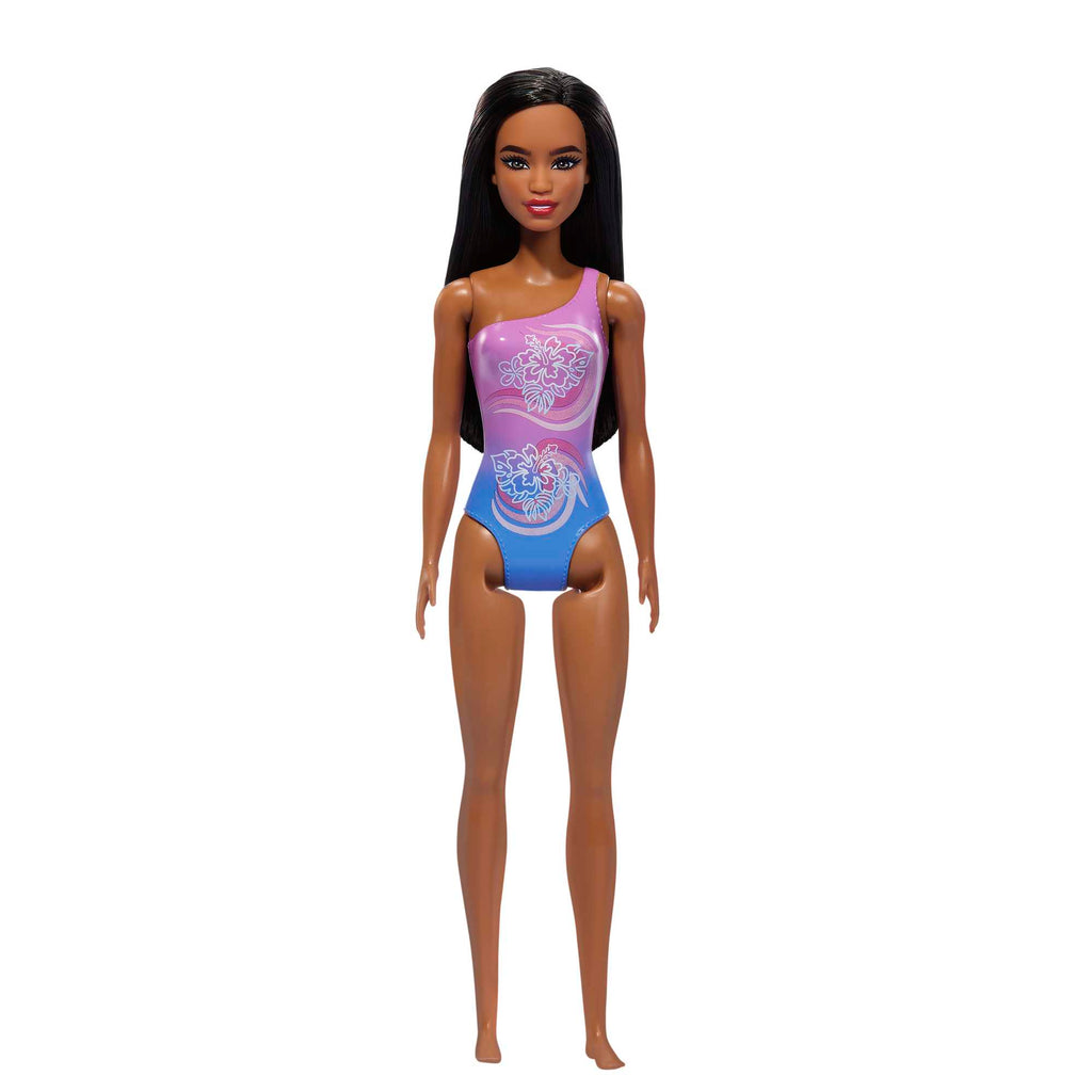 Barbie Plaj Bebeği - Koyu Kahve Saçlı, Mor Tropik Mayo