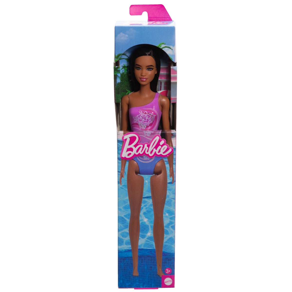 Barbie Plaj Bebeği - Koyu Kahve Saçlı, Mor Tropik Mayo