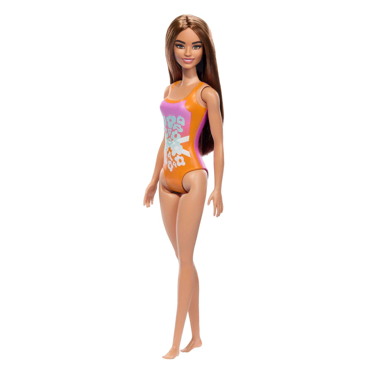 Barbie Plaj Bebeği - Açık Kahve Saçlı, Pembe-Turuncu Tropik Mayo